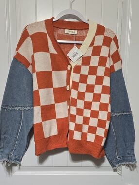 MELLODAY Orange & Cream Checker Knit Cardigan with Denim Sleeves